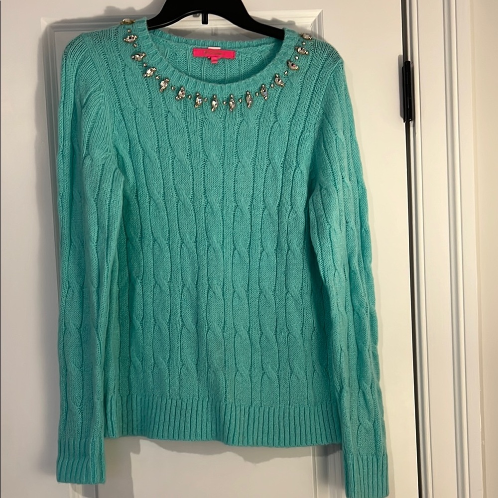 Embellished Turquoise Cable Knit Sweater